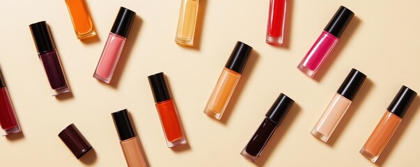 Obraz premium Assorted colorful nail polish bottles on a beige background.
