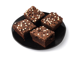 Chocolate brownie cake sprinkled with white and dark balls, classic birthday brownie square piece