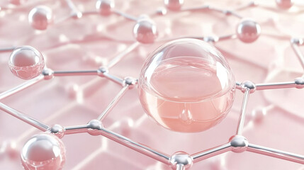 Close-up of transparent rose water liquid with pink-white hexagonal spheres, soft light accenting glossy texture and silver mesh backdrop, symbolizing skincare luxury, molecular science, modern elegan