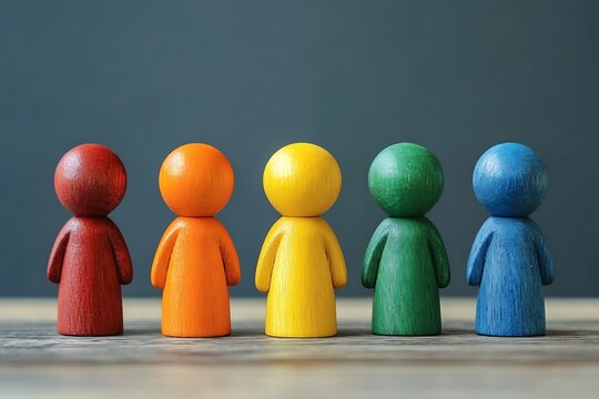 Diversity and inclusion concept with wooden people figures of different color including wheelchair user
