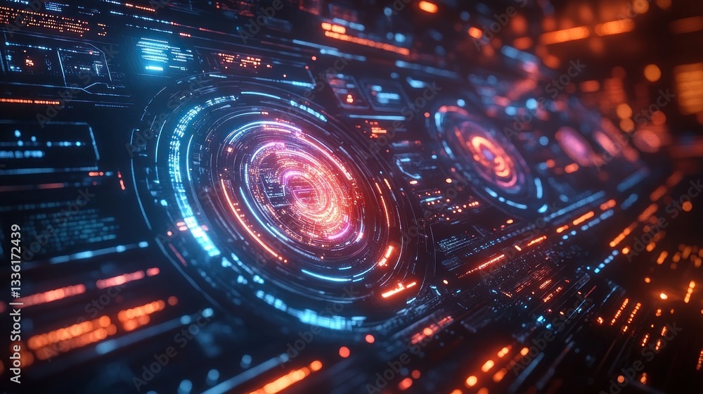 Poster futuristic interface panel glows with data displays