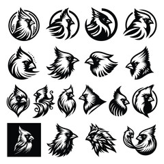 Northern cardinal bird head vector silhouette logo icon set clipart illustration & drawing black & white