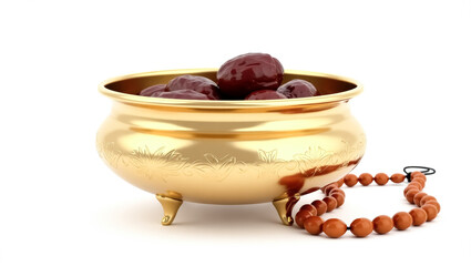 golden bowl filled with dates and prayer beads suggesting a religious or ceremonial context.