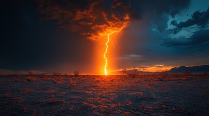 Obraz premium Desert sunset lightning strike storm landscape