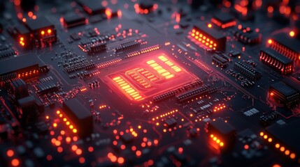 Glowing CPU on Motherboard, Circuitry, Technology, Data Processing