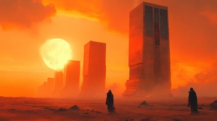 Fototapeta premium Desert landscape, figures walking towards futuristic towers at sunset