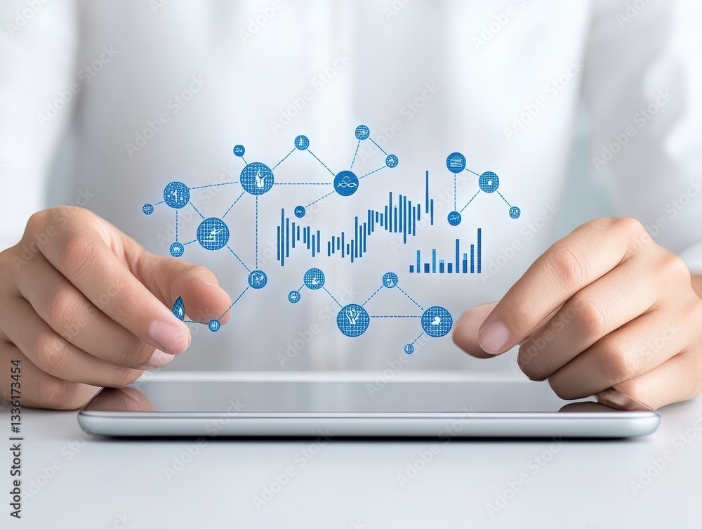 Poster person interacting with digital data visualization on tablet in modern workspace