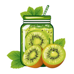 Refreshing kiwi drink jar on a transparent background with fresh ingredients