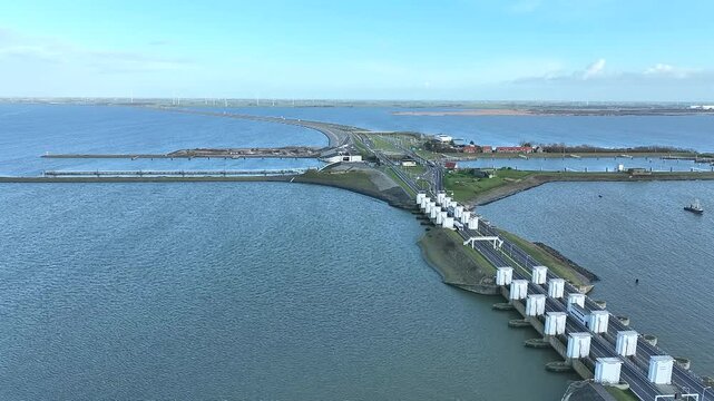Aerial from the Lorentz sluices on Kornwerderzand at the Afsluitdijk in the Netherlands