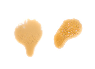 Spilled soda isolated, soft drink puddle, liquid stain, beer splatter, brown sparkling water with bubbles