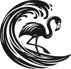 vector image of a flamingo surfing a giant wave