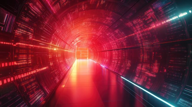 Futuristic tunnel with glowing code, leading to light.  Possible use  stock photo for technology, sci-fi, and digital art