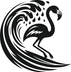black and white flamingo surfing a giant wave