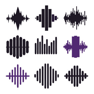 set of 9 sound-wave music icons of silhouette black shape vector illustration isolated on white background