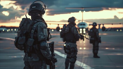 Highly Trained Military Special Forces Conducting Nighttime Tactical at Airport Runway Environment