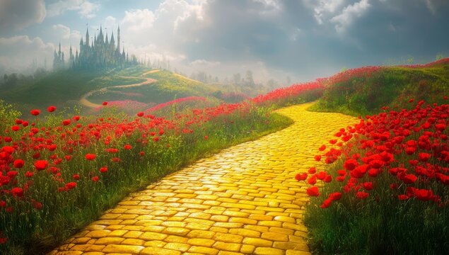 A Whimsical and Serene Journey Along the Yellow Brick Road Through a Vibrant, Colorful Landscape of Poppy Fields and Rolling Hills.
