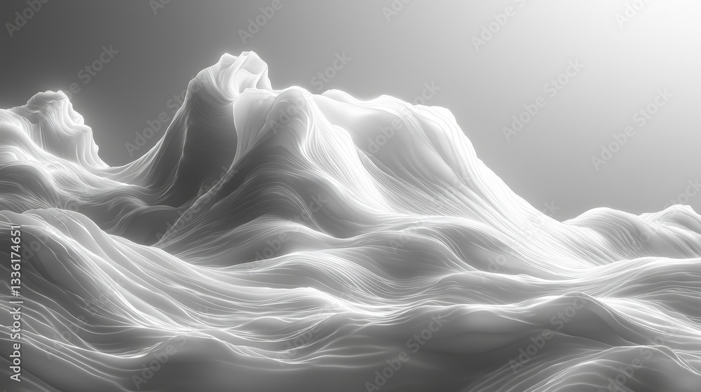 Poster abstract flowing waves of white lines creating a dynamic 3d mountain landscape structure