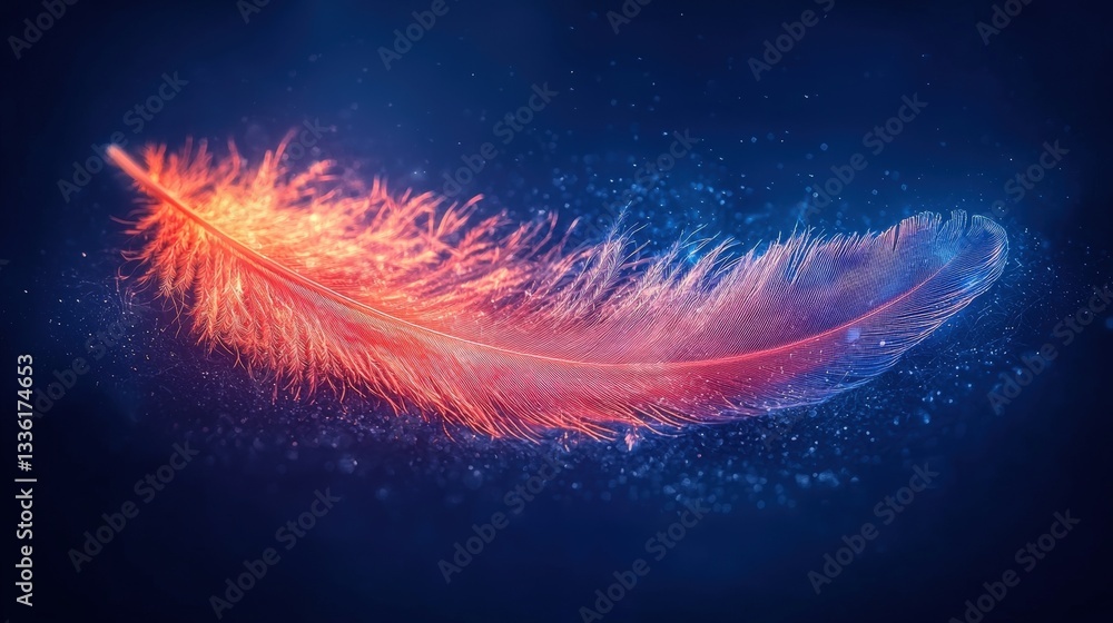 Poster vibrant colorful feather on dark background with sparkles and dreamy vibes