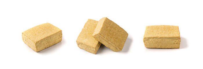 Tofu Cheese Isolated, Smoked Vegan Cheese Slice, Sliced Soya Bean Curd, Soy Protein or TSP