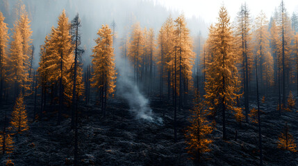 Obraz premium Burnt forest landscape after peat fire with blackened trees and smoldering ground