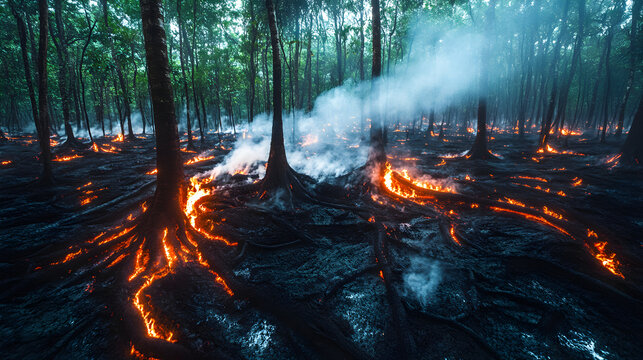Underground peat fire burning in dense forest with thick smoke and flickering flames