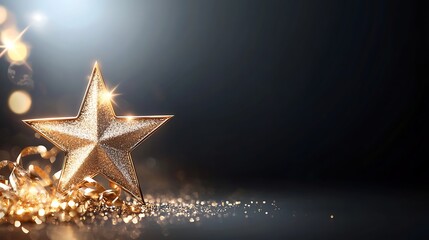 Golden star shape light on black background with light effect and sparkles. Luxury celebration award design template.