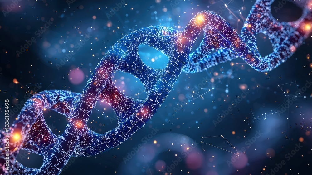 Poster intricate representation of dna helix with colorful particles in a dark cosmic background