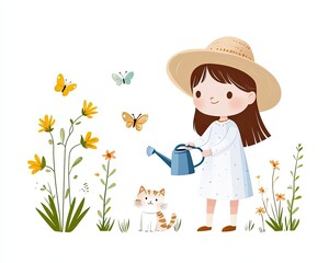 A cheerful girl in a sun hat watering flowers while her curious cat plays with butterflies, warm and lively atmosphere, a girl in a summer, a girl and her cat play play in a summer garden.