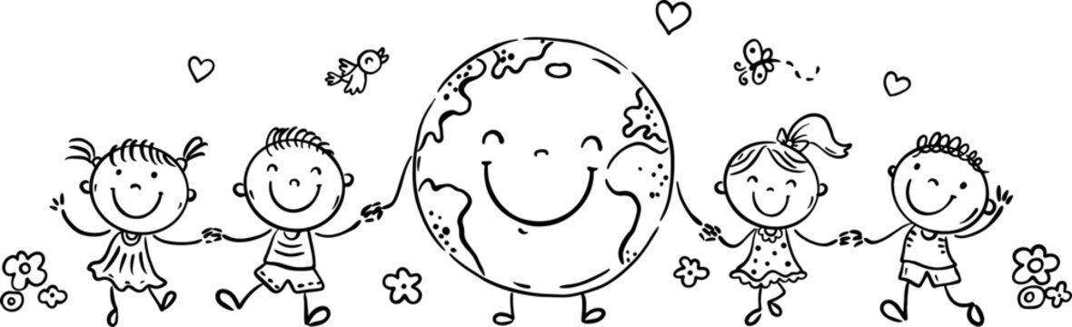 Symbol of peace, funny children holding hands, outline cartoon kids and earth, line art