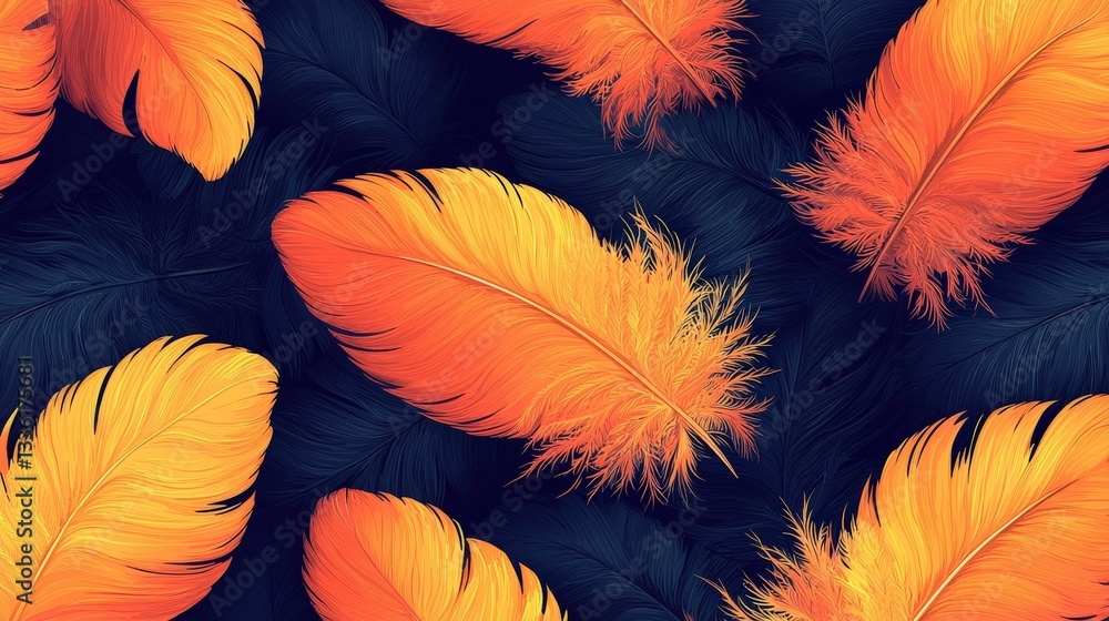 Poster colorful orange feathers on a dark background creating a vibrant abstract pattern design