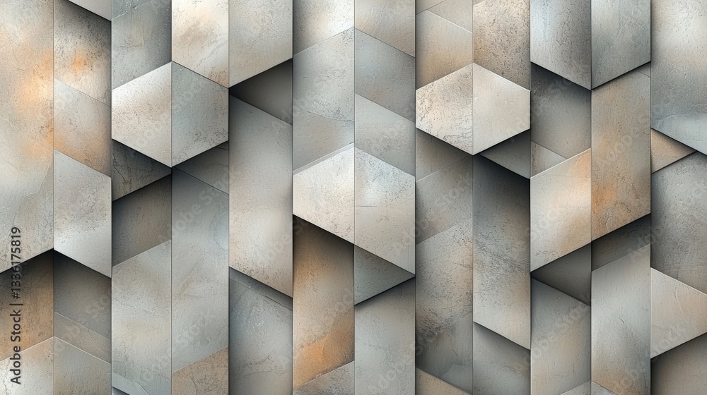 Poster abstract geometric background with cubes and hexagons in soft gray and beige tones