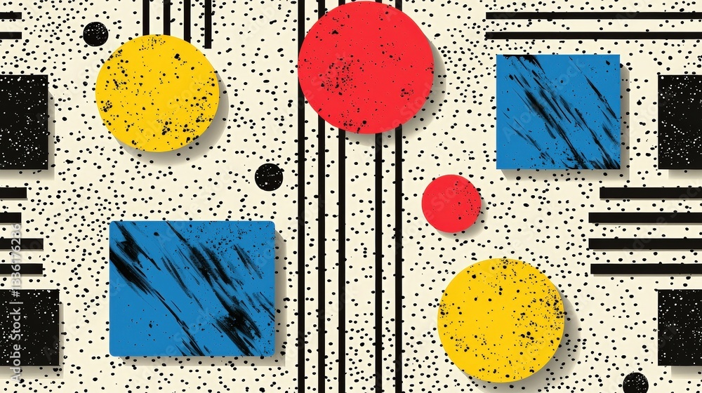 Poster abstract geometric shapes with textured patterns in vibrant colors on a light background