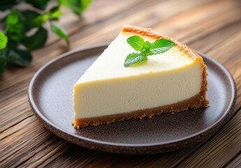 Delicious cheesecake slice garnished with fresh mint on a rustic wooden table.
