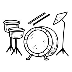 Musical instrument drum set. Hand drawn doodle. Percussion noise equipment of musician. Bass, cymbal, sticks. Vector line art illustration.