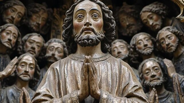 Life-sized sculpture of Jesus surrounded by apostles in a historic church setting