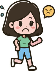 Cartoon woman character action, tired, emotions, running, walking, standing