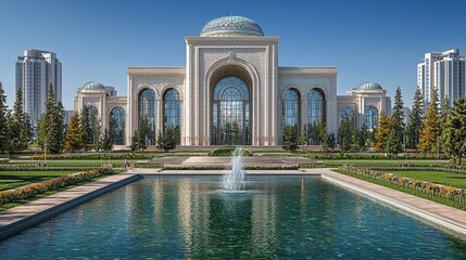 Obraz premium Majestic architectural landmark with water feature and landscaped gardens under clear blue sky