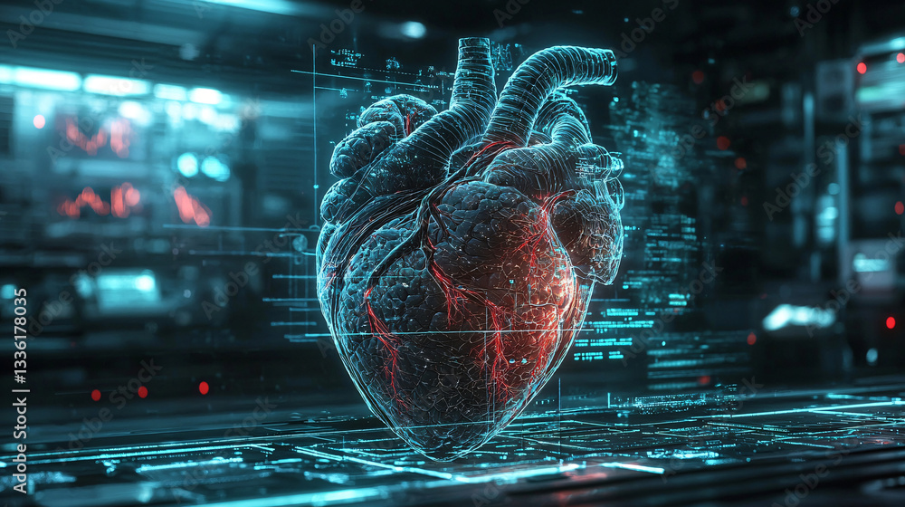 Poster cardiovascular digital heart visualization with glowing effects in a tech environment.