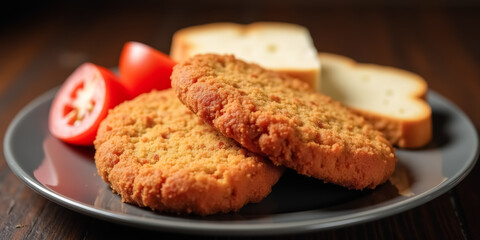 two golden-brown oat cookies served with bread and tomato slices on a gray plate