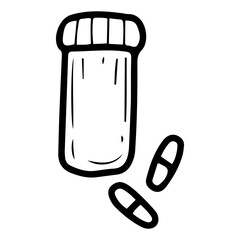 Vitamin container. Hand drawn doodle. Mineral food supplement. Healthy lifestyle. Plastic jar with lid. Pills. Vector line art illustration.