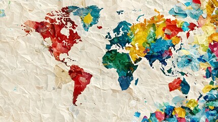 Naklejka premium Vibrant Colorful World Map with Crumpled Paper Texture Background