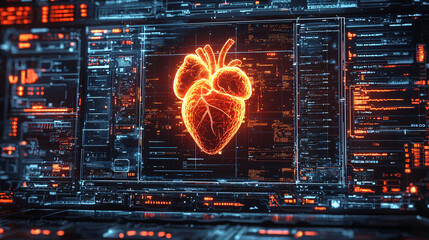 cardiovascular Futuristic visualization of a glowing heart in a digital interface.