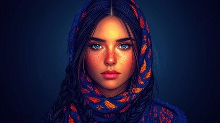 Portrait of Young Woman with Freckles Wearing Colorful Scarf Against Dark Background
