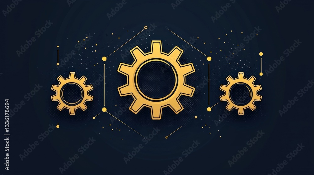 Poster abstract golden gears with a dark background for design and business concept representations