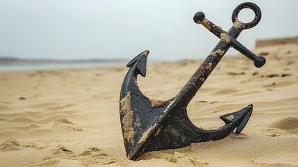 Rusty anchor on sandy beach with calm ocean in the background