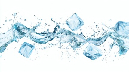 Ice cubes with water splash and drops. Cold mineral water, natural aqua or cocktail drink realistic vector splashes or frozen motion ripples ice cubes. beverage, soda isolated white background