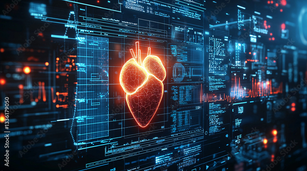 Poster cardiovascular digital heart visualization with data elements and technology background.