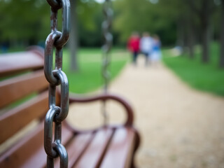 Naklejka premium weathered metal chain hanging on a wooden park bench