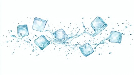 Ice cubes with water splash and drops. Cold mineral water, natural aqua or cocktail drink realistic vector splashes or frozen motion ripples ice cubes. beverage, soda isolated white background