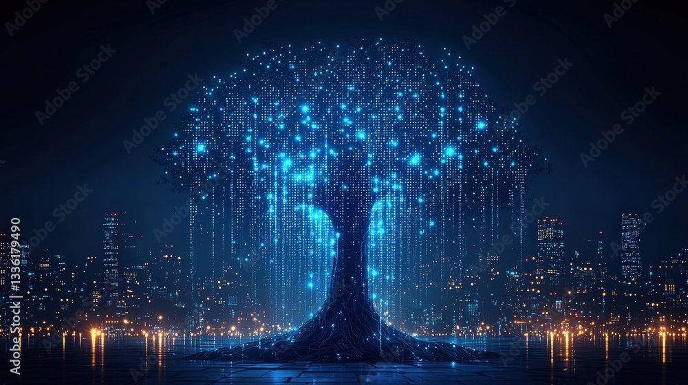Poster digital tree with glowing pixels representing data and connectivity in urban landscape